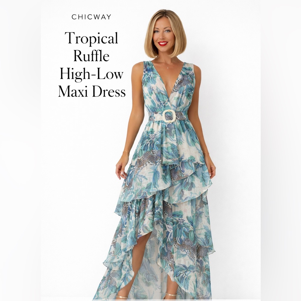 Chicway Tropical Leopard Print Ruffle High Low Maxi Dress - Picture 2 of 6